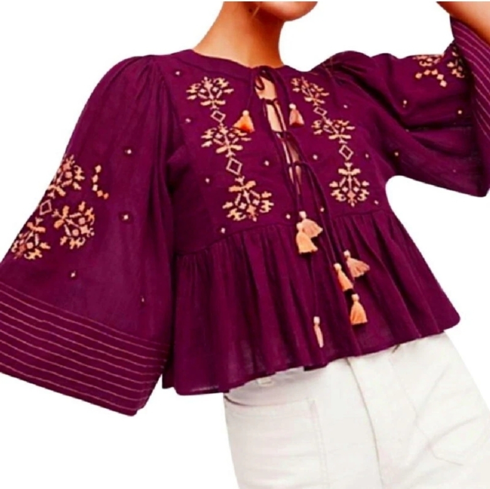 Free People Embroidered Crop Top Plum Tassel Elbow Bell Sleeve Cotton Size Small